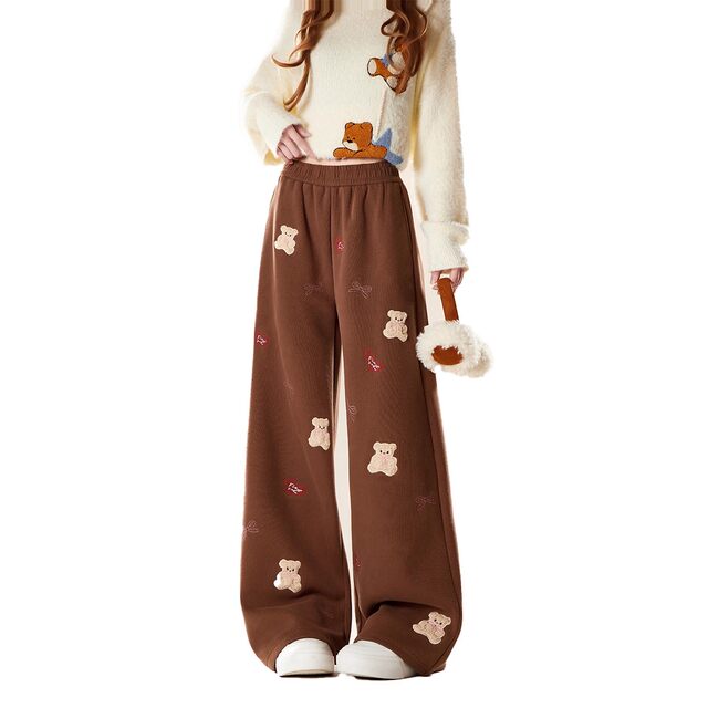 Brown bear embroidered sports casual wide-leg pants with velvet