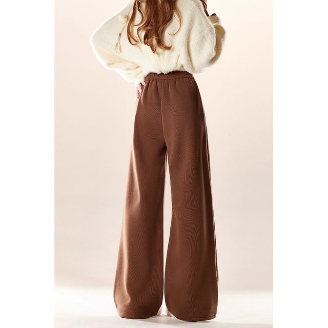 Brown bear embroidered sports casual wide-leg pants with velvet