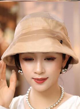 布塔2024夏日桑蚕丝沙滩防晒遮阳帽子女防紫外线渔夫帽真丝太阳帽