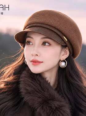 布塔复古百搭八角帽女秋冬季羊毛贝雷帽高级时尚画家帽洋气鸭舌帽