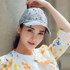 布塔春秋夏牛仔鸭舌帽女百搭帽子显脸小时尚做旧遮阳帽水钻棒球帽