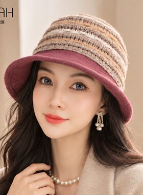 布塔秋冬编织帽子女显脸小渔夫帽圆顶针织帽保暖时尚百搭气质盆帽