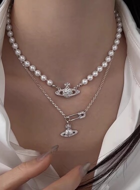 西太后土星珍珠项链高级感轻奢小众别针星球锁骨链个性颈链配饰女