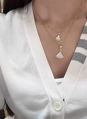 扇形锁骨裙子项链女满钻纯银不褪色轻奢小众白贝母红玛瑙锁骨链