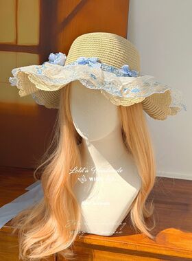 神采奕奕原创晴日风铃蕾丝大蝴蝶结花卉草编Lolita田园风蓝调草帽