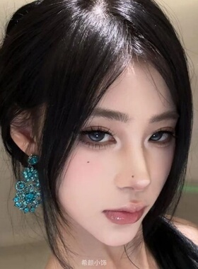 银针蓝色镶钻花朵耳环夸张设计复古耳坠新款时尚轻奢气质耳饰流苏