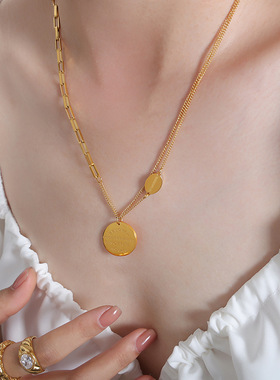西太后复古圆形椭圆牌人像吊坠项链小众个性拼接双层锁骨链饰品女