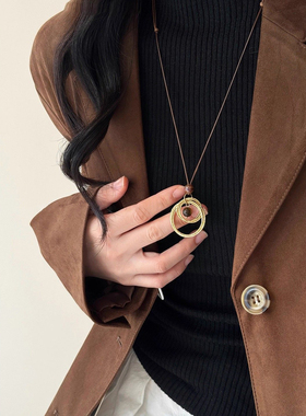 美拉德金色虎眼石长款吊坠项链女款秋冬轻奢高级感毛衣链装饰配饰