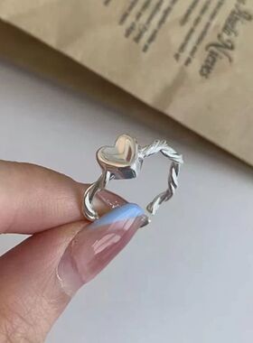 银色简约小众设计实心爱心ins戒指女时尚个性食指可调节学生指环