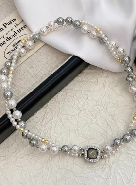 日韩双层叠戴珍珠项链女小众设计高级感颈链2024年新款爆款锁骨链