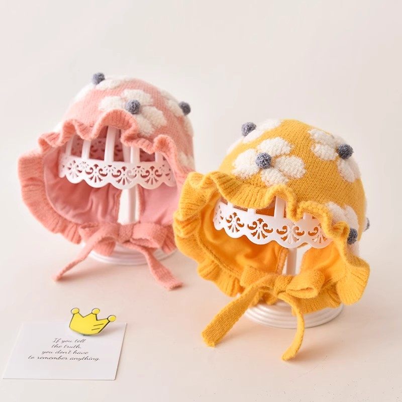 婴儿帽子秋冬款女宝宝公主风花边针织套头帽婴幼儿毛线护耳帽,淘宝优惠券,粉丝福利购,淘宝优惠卷