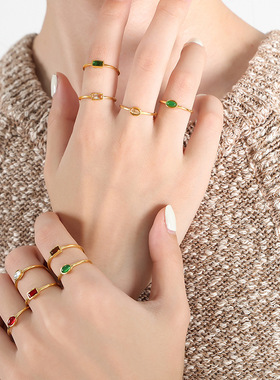 韩版东大门小众设计细圈个性钛钢镀金指环镶嵌多彩晶石戒指女饰品