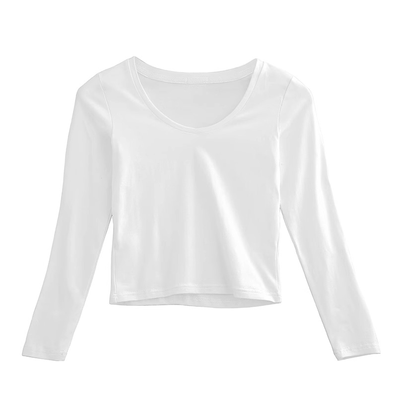 纯棉短款白色长袖t恤女2024新款内搭打底衫薄款圆领高腰修身上衣-图3