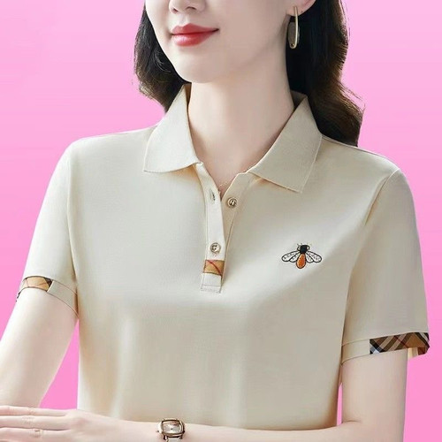 女士t恤短袖夏季polo衫翻领上衣2023新款中老年女装宽松妈妈薄T - 图0