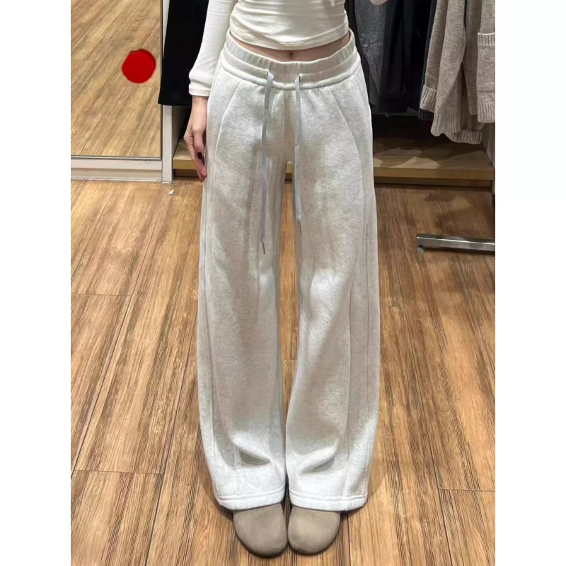 加绒阔腿裤子女秋冬季2025新款窄版直筒运动休闲卫裤灰色黑色流行 - 图0