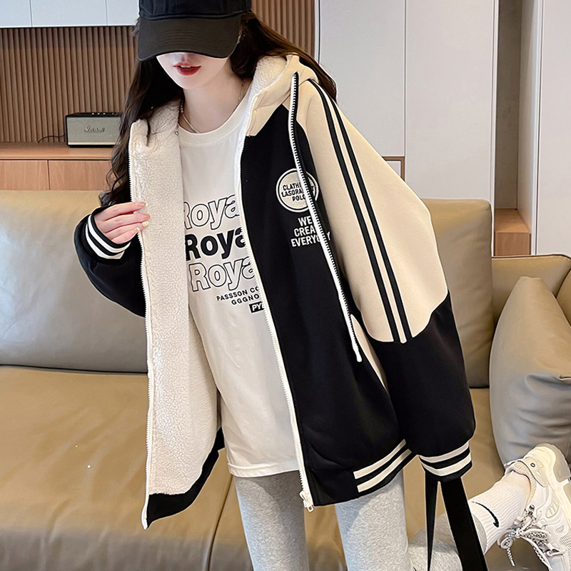 加绒加厚棒球服女冬季棉服中学生大码连帽卫衣外套潮黑色厚款时尚 - 图0