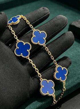 红玉髓镭射四叶草五花手链女18K玫瑰金轻奢叠戴礼物贝母黄金手链