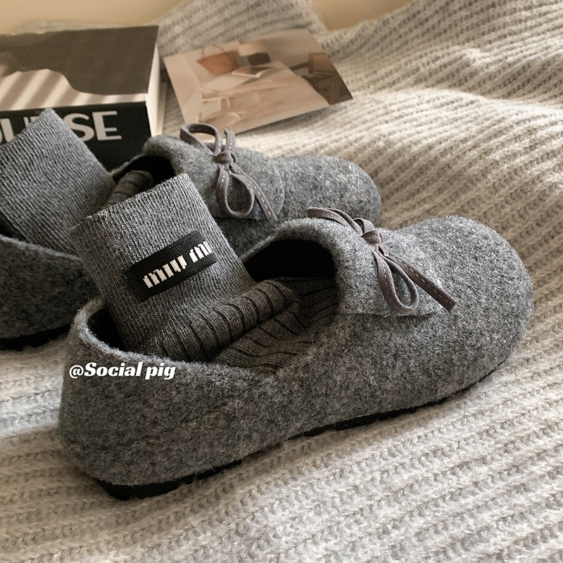 秋冬~感！毛呢勃肯鞋女加绒一脚蹬单鞋女平底圆头蝴蝶结黑色红色,淘宝优惠券,粉丝福利购,淘宝优惠卷