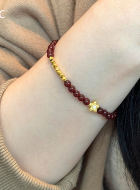 爆款石榴石花朵手链新款沙金蹦迪珠点钻花朵石榴石diy手串