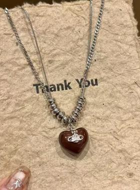 土星爱心串珠项链甜酷辣妹叠戴毛衣链气质小众独特设计感配饰新款