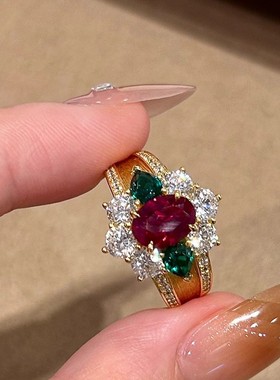 轻奢优雅风红色绿宝石开口金戒指女高级感小众食指戒