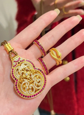 925轻奢复古新中式古法福禄镂空满钻红宝石葫芦编织绳可开式颈链