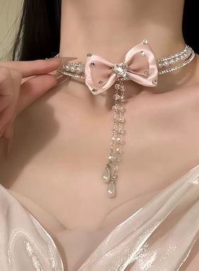 氛围感超仙绝美闪钻爱心蝴蝶结流苏项链女高级感锁骨链颈链choker