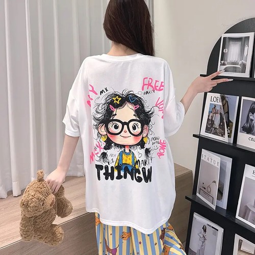 棉质睡衣女带胸垫套装卡通夏季短袖长裤家居服可外穿春夏薄款短裤 - 图2