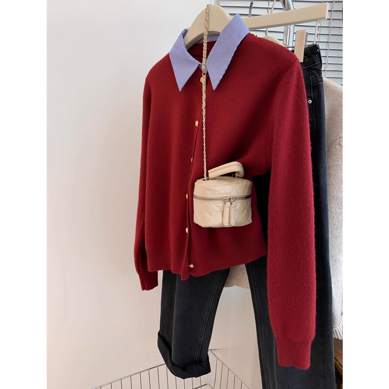 灰色polo领假两件针织开衫女秋冬季高级感欧货大码内搭衬衫领毛衣,淘宝优惠券,粉丝福利购,淘宝优惠卷