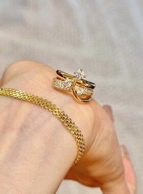 Vintage老钱中锆石立体双层微镶古风藤蔓缠绕戒指精工个性食指戒