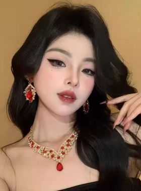 复古满钻红色水滴闪钻项链耳环套装女新娘宴会晚礼服锁骨链配饰品