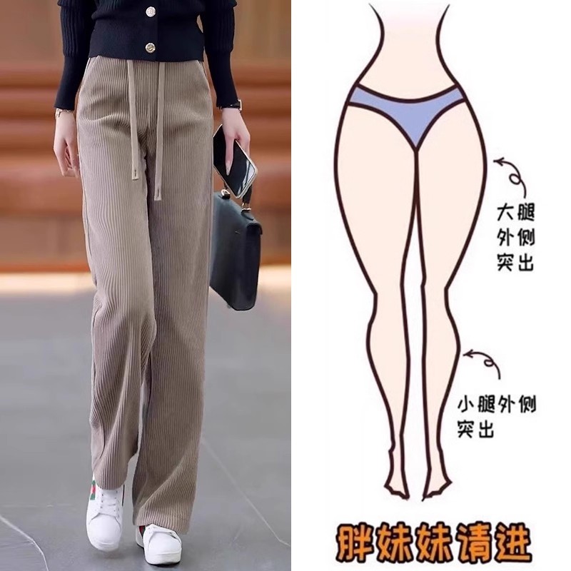 胖mm大码加绒加厚雪尼尔阔腿裤女秋冬季灯芯绒梨型身材直筒女裤子 - 图0