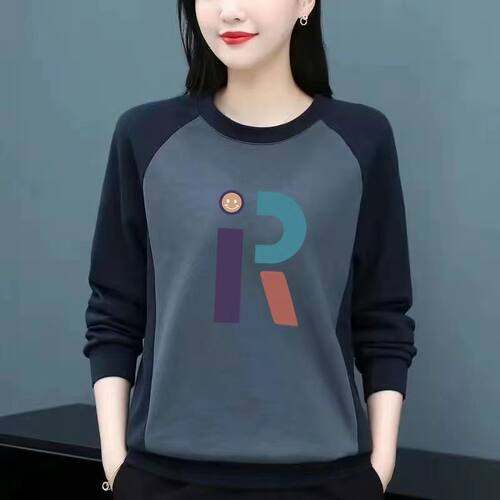 宽松100%纯棉清仓圆领卫衣女春秋大码印花拼接长袖打底衫休闲 - 图2