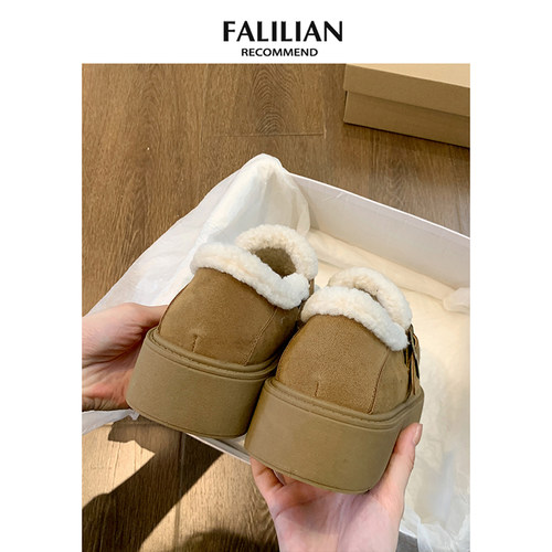 厚底加绒豆豆勃肯鞋女2025新款秋冬季乐福鞋博肯棉鞋子保暖雪地靴 - 图2