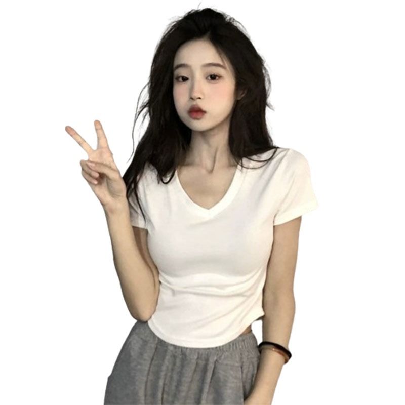 白色纯欲风短袖t恤女2024夏季新款v领韩版性感修身纯棉不规则上衣 - 图3