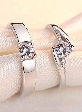 s925纯银开口镶钻情侣戒指一对活口对戒表白求婚结婚情人节送女友
