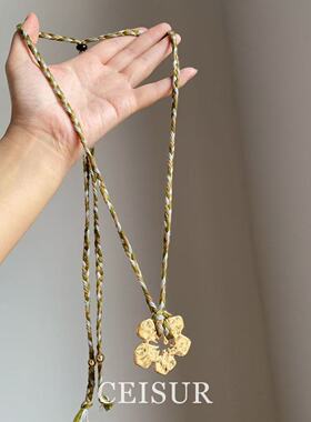 扶桑花~ins博主同款复古金色花朵穿绳项链个性时尚度假风编织颈链