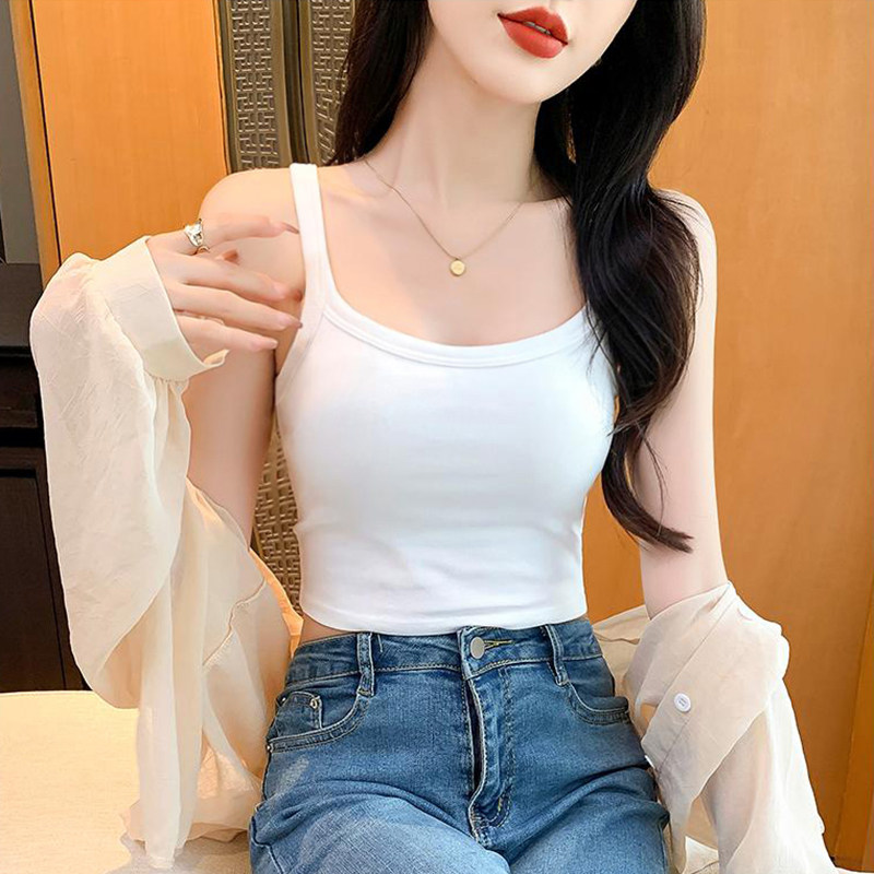 螺纹白色吊带背心女士内搭短款夏外穿无胸垫美背露脐冰丝打底黑色 胸外实拍商品图