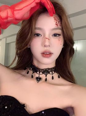 反派甜心 万圣节爱心十字架白色蕾丝choker颈带脖子项圈配饰项链