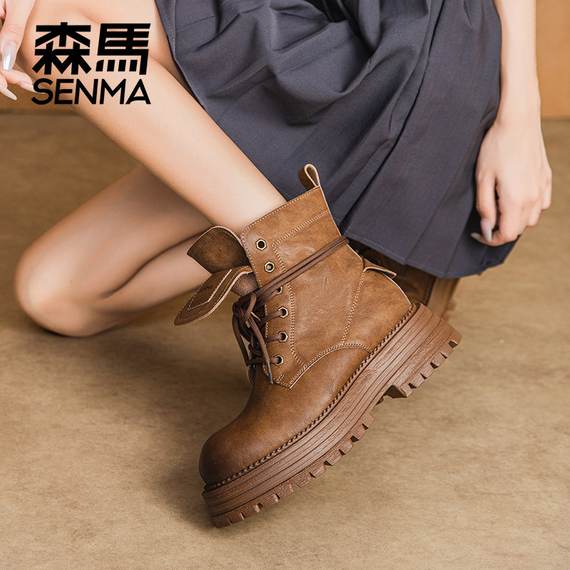 森马2025秋新款复古马丁靴女款百搭小个子加绒厚底百搭高帮短靴 - 图3