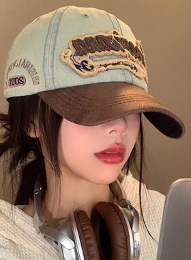 美式做旧牛仔鸭舌帽子女春夏休闲百搭棒球帽大头围显脸小帽檐蓝色