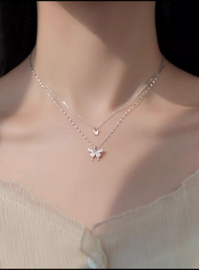 韩版S925银甜美双层蝴蝶项链女复古时尚气质锁骨链跨境优雅饰品潮