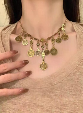 波西米亚古着重工钱币流苏项链女异域风情小众锁骨链多层金色吊坠
