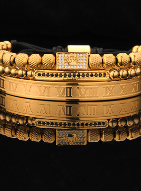 跨境罗马字母铜镶锆皇冠编织手链套装 复古钛钢网格开口手镯组合