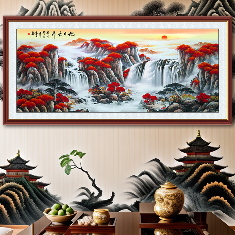 客厅装饰画山水风景画墙贴风水好寓意自粘壁画沙发背景墙画如意