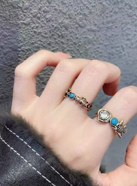 松石爱心鸢尾花复古戒指女款中古小众轻奢高级感食指戒叠戴指环