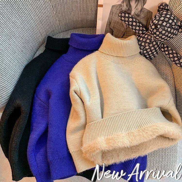 儿童加绒毛衣2024秋冬新款男女宝宝一体绒高领保暖针织衫红色黑色,淘宝优惠券,粉丝福利购,淘宝优惠卷