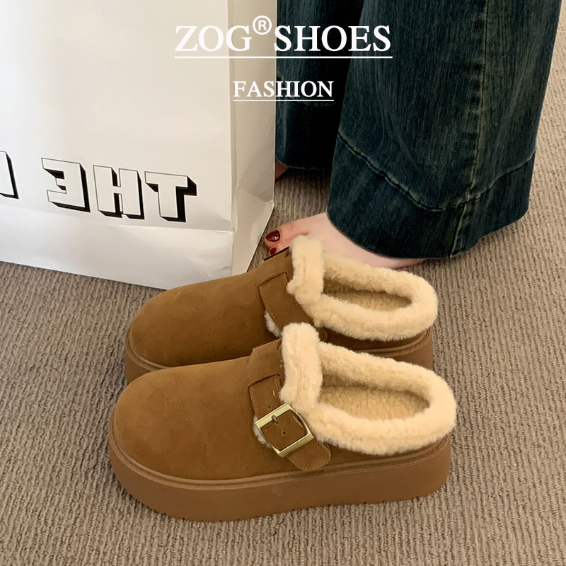 毛毛拖鞋女2025新款秋冬加绒包头棉拖鞋厚底勃肯半拖雪地靴女毛绒 - 图0