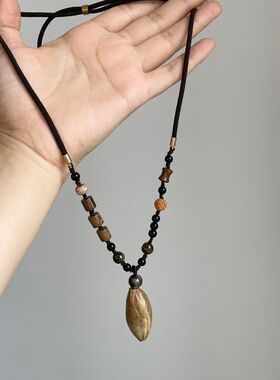 国风禅意~焦糖色吊坠木质串珠长项链女古风新中式毛衣链配饰