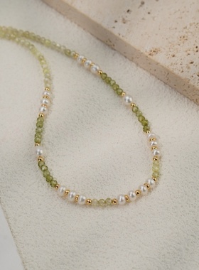 淡水珍珠串珠项链气质网红小清新绿色锆石森系锁骨链